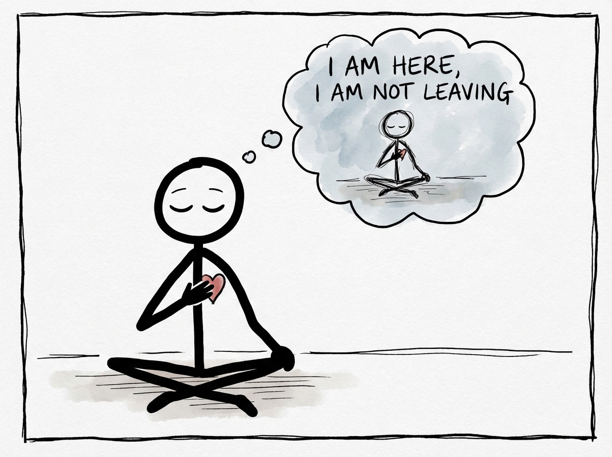A stick figure sitting cross-legged with one hand on their chest, eyes closed, a thought bubble showing the words 'I am here, I am not leaving' directed at a smaller version of themselves inside