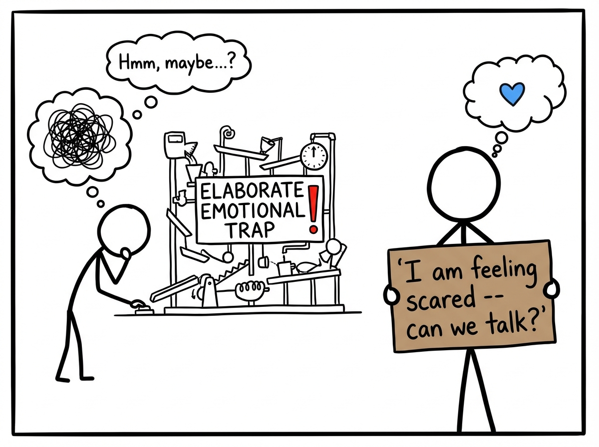 A stick figure about to set up an elaborate emotional trap for their partner, then pausing and instead holding up a simple sign that reads 'I am feeling scared -- can we talk?'