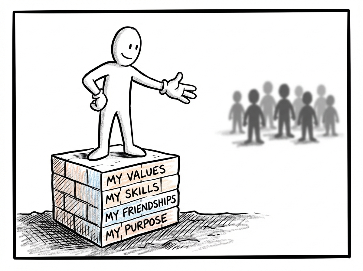 A stick figure standing confidently on solid ground they built themselves -- made of bricks labeled 'my values,' 'my skills,' 'my friendships,' 'my purpose' -- with an open hand extended toward others rather than a grasping one