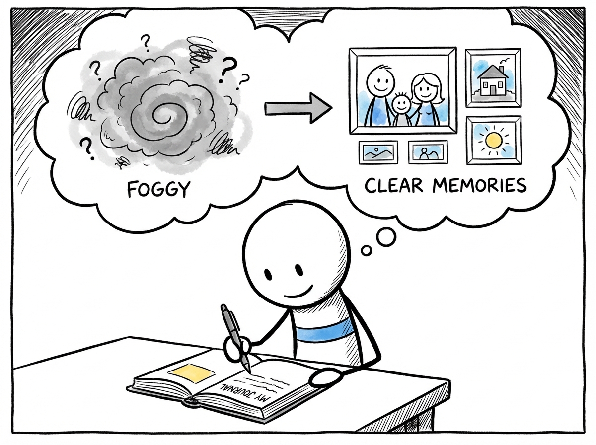 A person writing in a journal with a thought bubble showing clear, organized memories replacing foggy confused ones