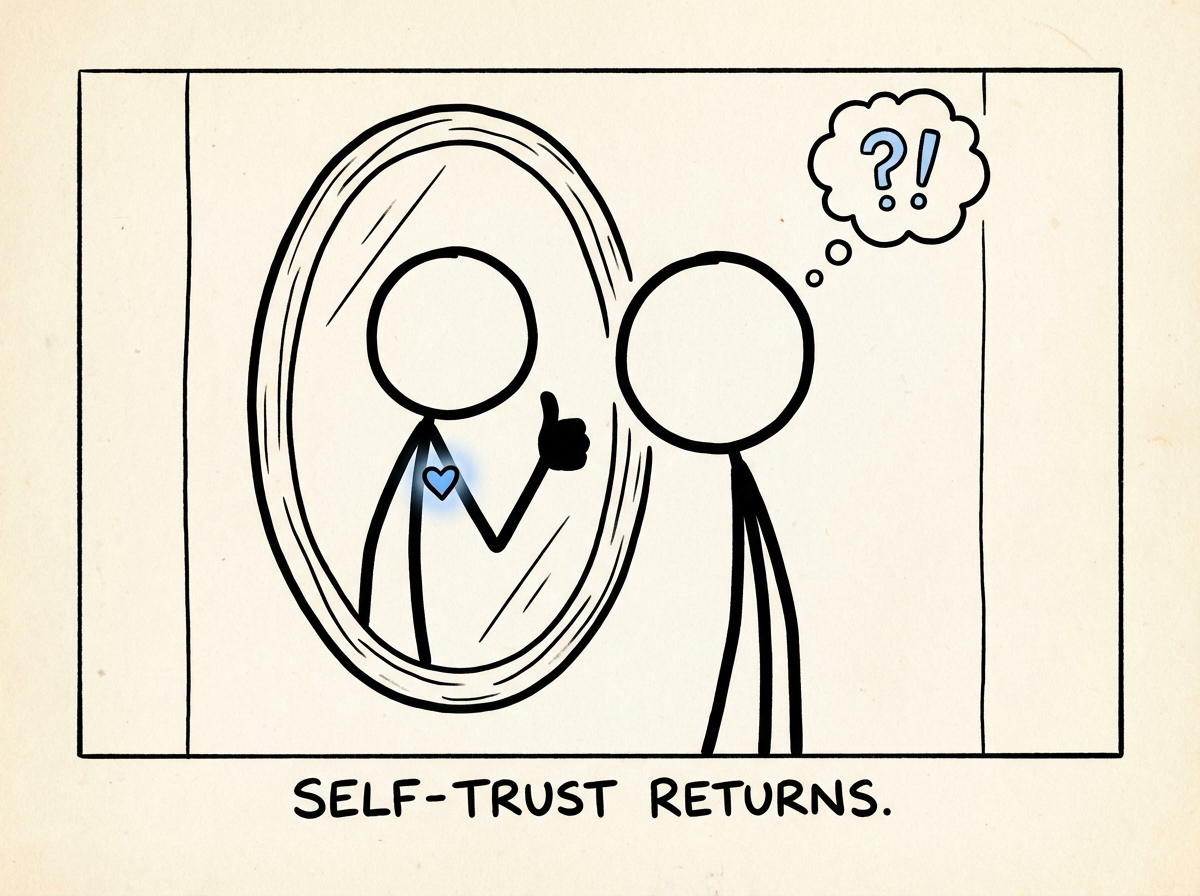 A person standing in front of a mirror, and the reflection is showing them a thumbs up, symbolizing self-trust returning