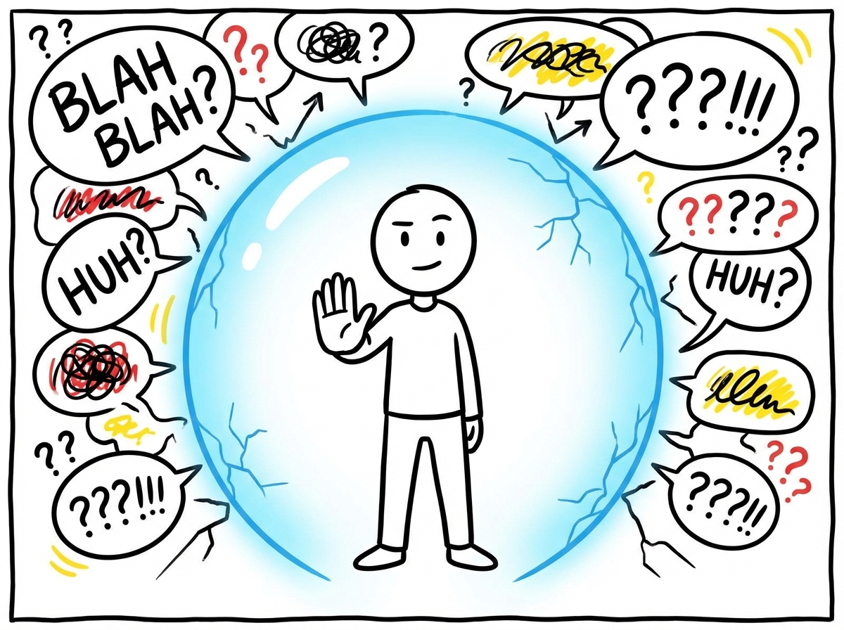 A person calmly holding up a hand in a stop gesture while confusing speech bubbles bounce off an invisible shield around them