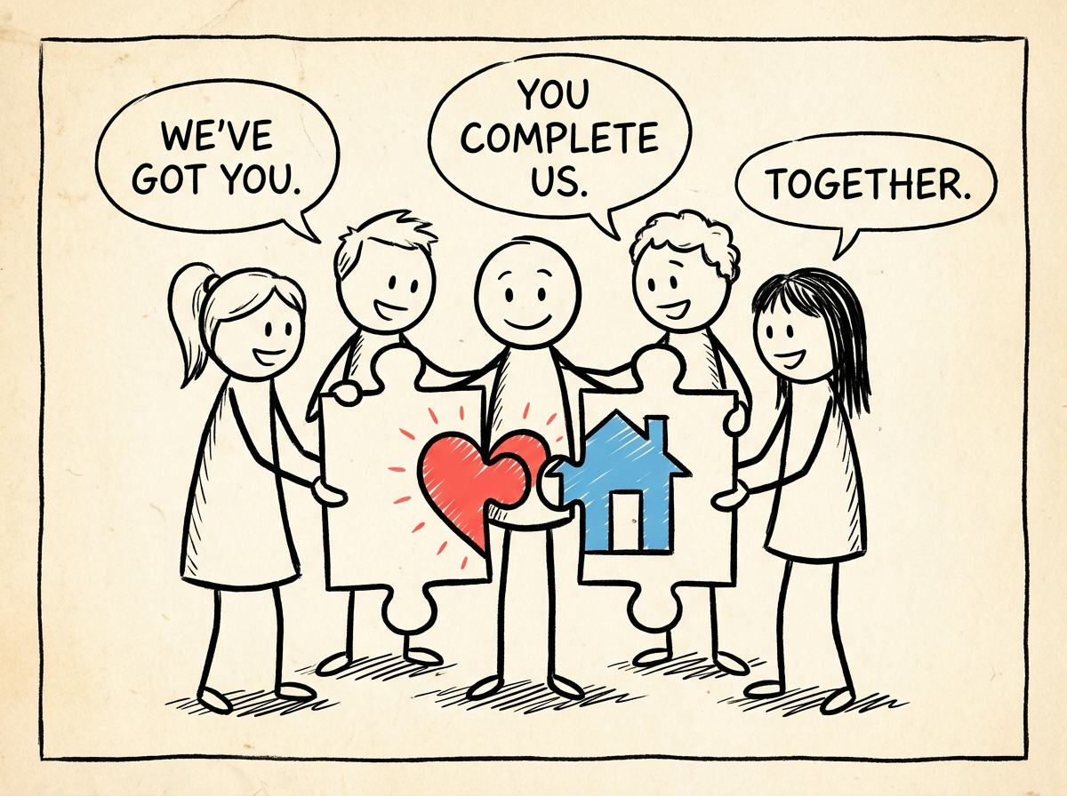 A person surrounded by a small circle of supportive friends, each holding a puzzle piece that together form a clear picture