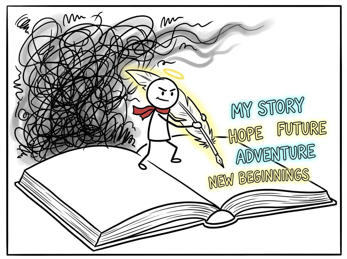 A person standing tall and writing their own story on a large open book, with dark tangled lines behind them transforming into bright clear words ahead