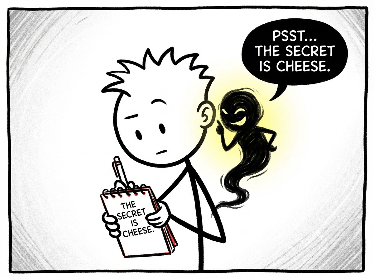 A person with a small shadowy figure whispering in their ear, the person holding up a notepad and writing down what the shadow is saying with a curious rather than frightened expression