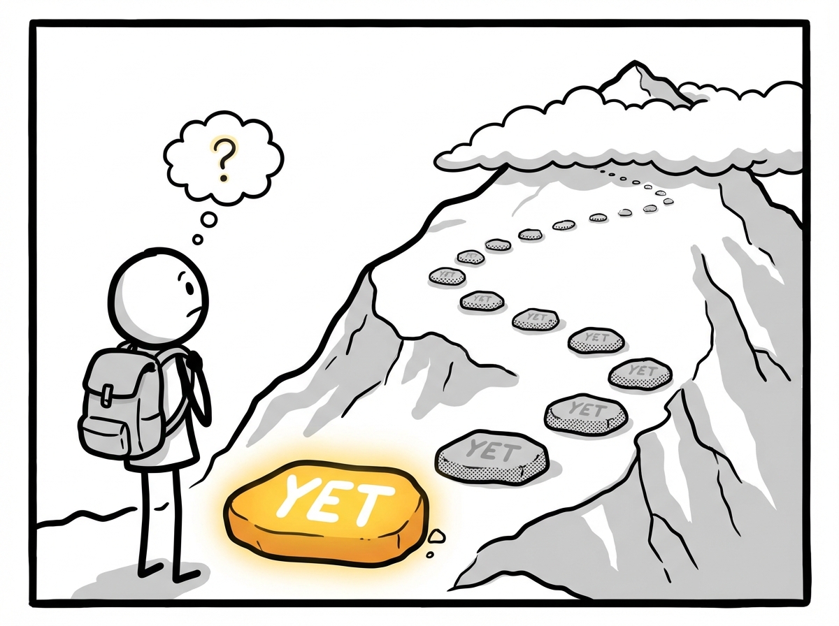 A person standing at the base of a mountain with the word 'yet' as a bright stepping stone appearing at their feet, a dotted trail of 'yet' stones leading up the mountainside toward the summit