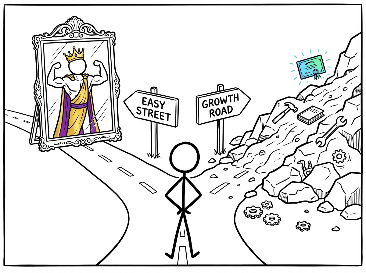 A person at a crossroads choosing between a smooth easy path with a mirror at the end reflecting them looking impressive, and a rocky challenging path with tools and new skills scattered along it