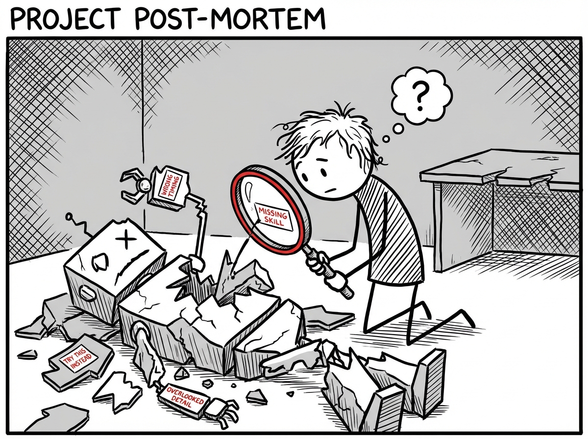A person picking up pieces of a broken project and examining each piece through a magnifying glass, finding small labels on each piece that say things like 'missing skill' and 'wrong timing' and 'try this instead'