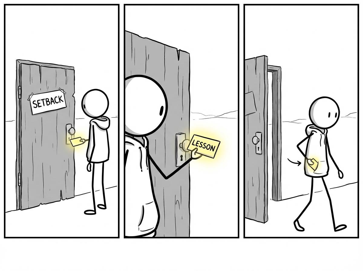 A person standing in front of a closed door labeled 'setback,' pulling a small glowing lesson card from the door handle, then walking forward and tucking the card into their pocket