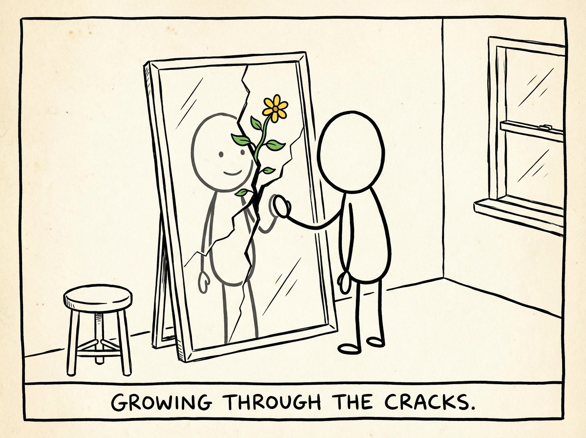A person looking in a mirror, but instead of seeing their reflection, they see a montage of all the effort, late nights, practice sessions, and small improvements that led to their current ability