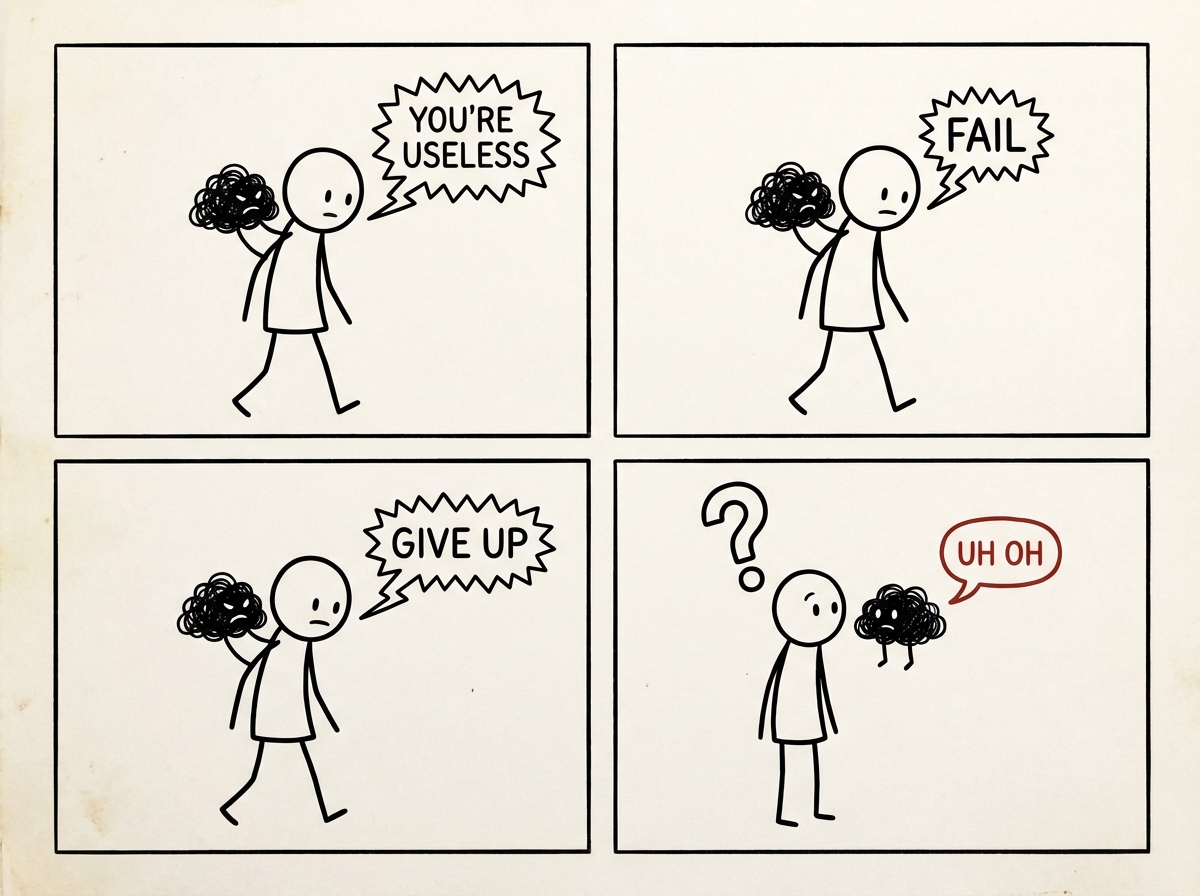 A stick figure going about their day with a small dark cloud figure perched on their shoulder whispering harsh words, and the stick figure suddenly pausing to notice it