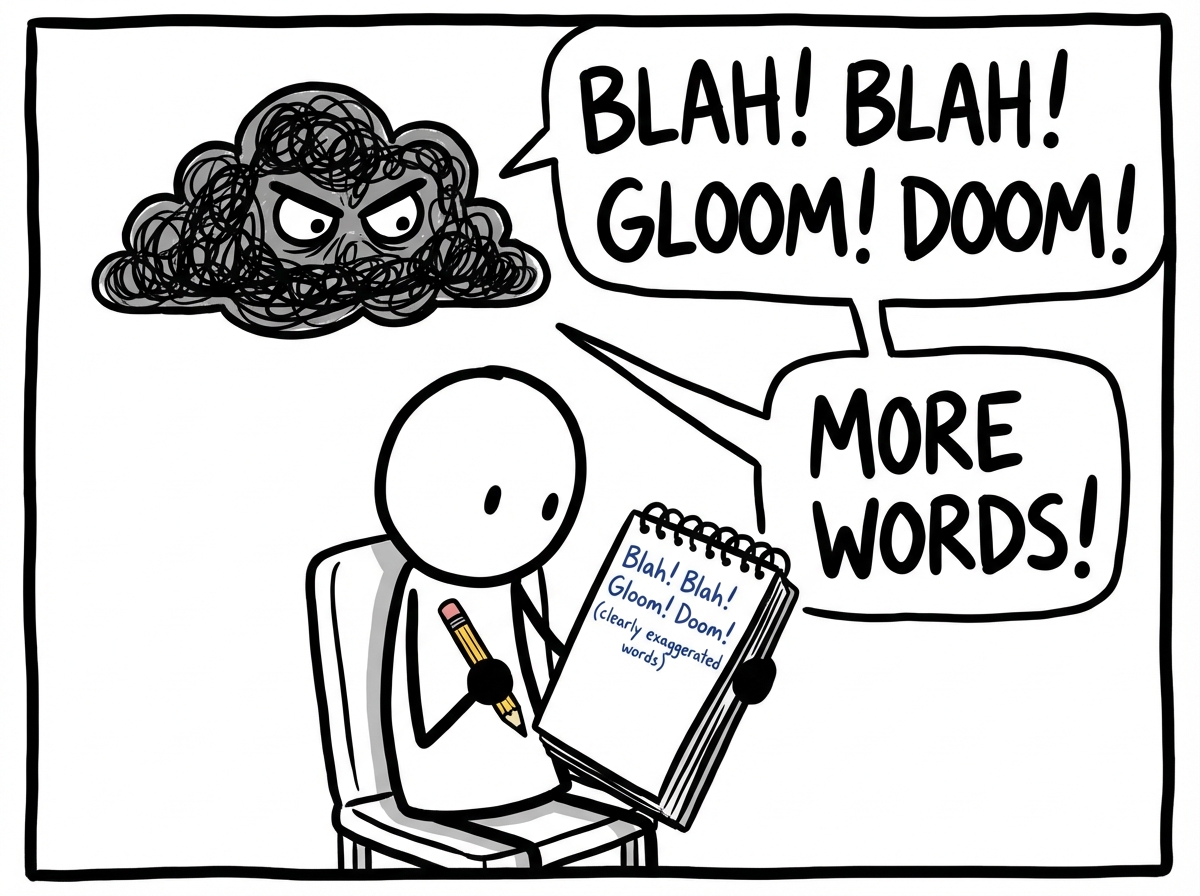 A stick figure writing in a notebook while the dark cloud figure's words appear as text on the page, looking small and clearly exaggerated when written out