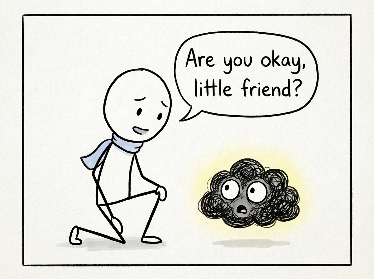 A stick figure kneeling down to eye level with the small dark cloud figure, asking it a gentle question, and the cloud figure looking surprised at being spoken to kindly
