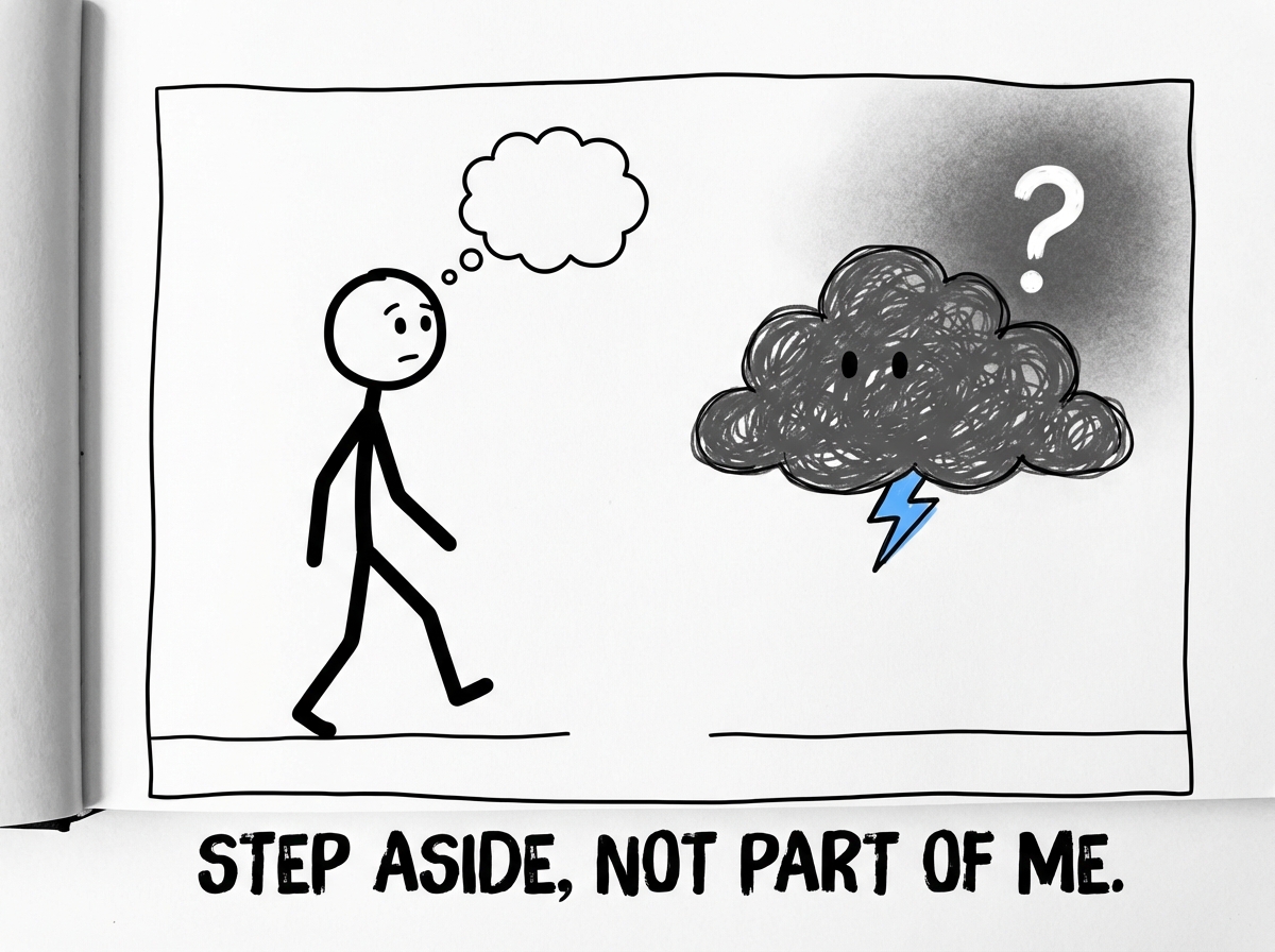 A stick figure stepping slightly to the side of the dark cloud figure, with a clear gap between them, the stick figure looking at the cloud as a separate entity rather than part of themselves