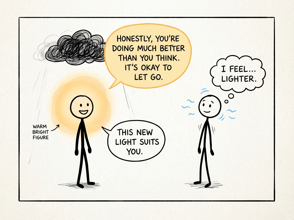 A stick figure with a warm, bright figure standing where the dark cloud used to be, narrating the scene with kind but honest observations, the stick figure looking lighter and more relaxed