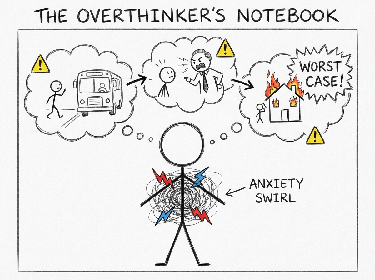 A person with a swirl of intense emotion in their chest, while thought bubbles above their head show an elaborate worst-case story being constructed