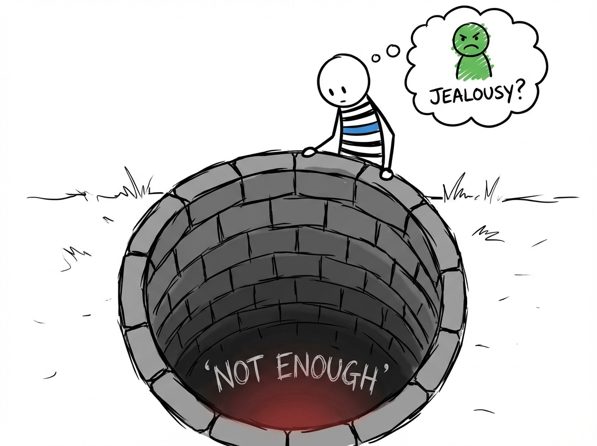 A person looking into a deep well where the word 'not enough' is written at the bottom, realizing the jealousy is coming from deep below the surface