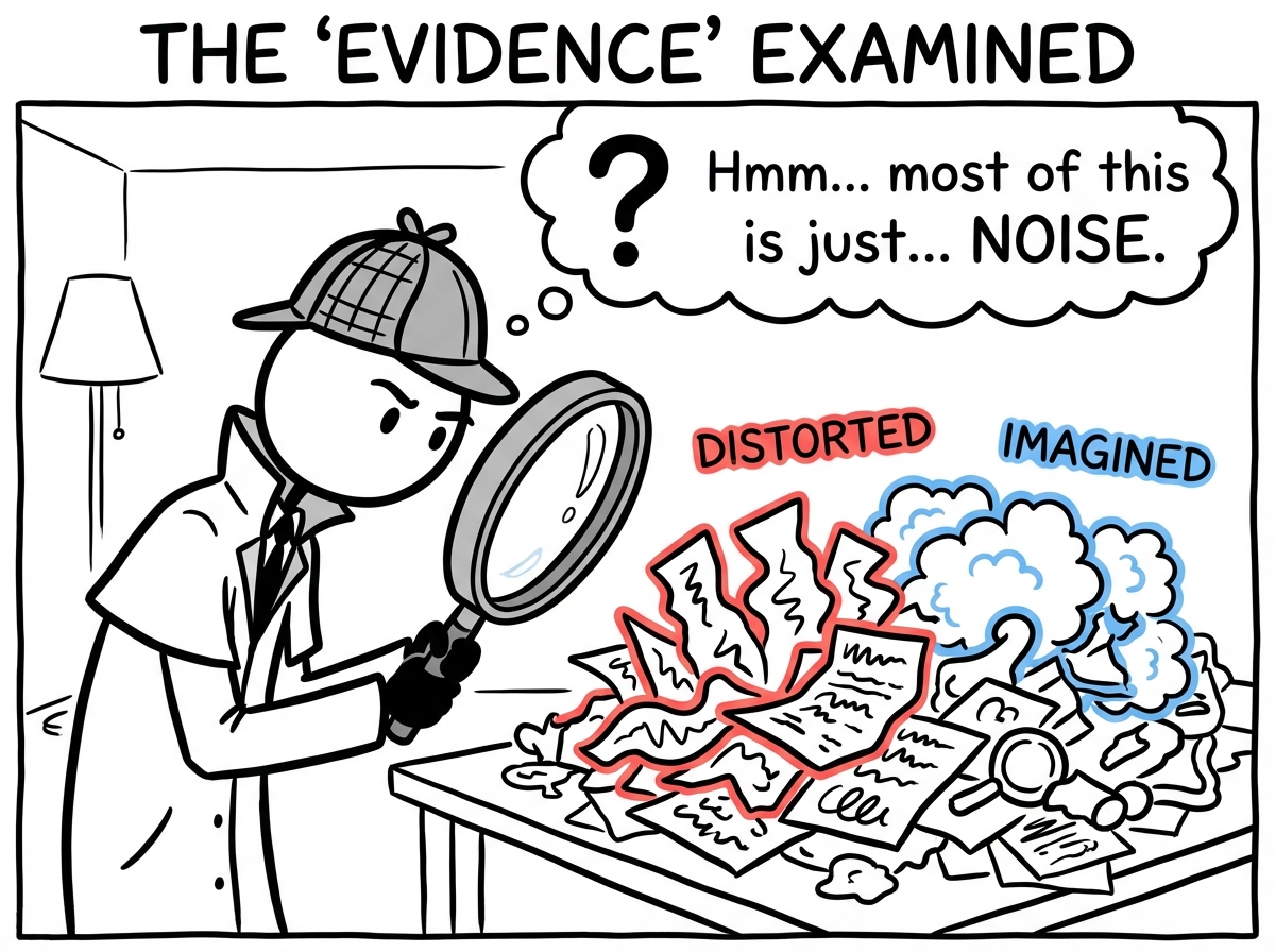 A person examining a pile of 'evidence' with a magnifying glass, finding that most of the pieces are distorted or imagined