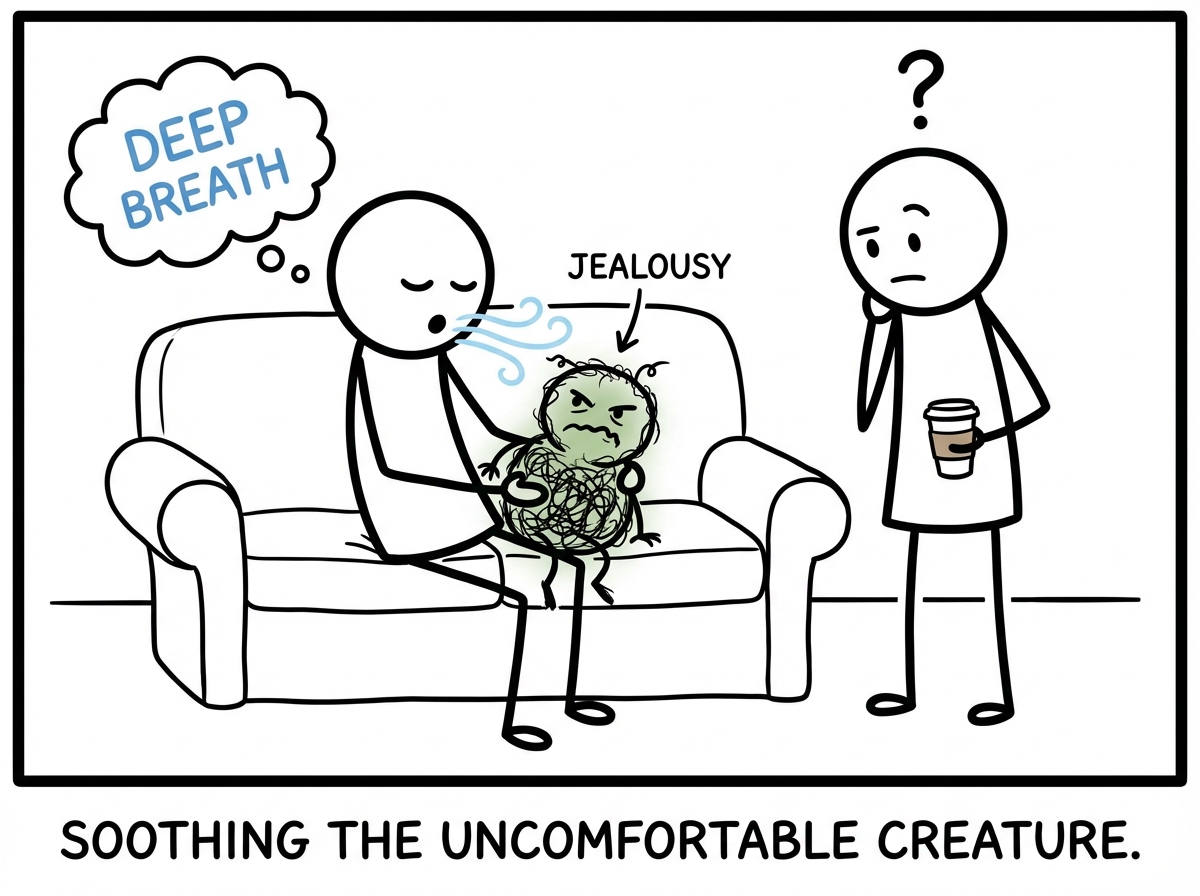A person sitting with their jealousy as a small uncomfortable creature in their lap, soothing it with deep breaths instead of handing it to their confused partner