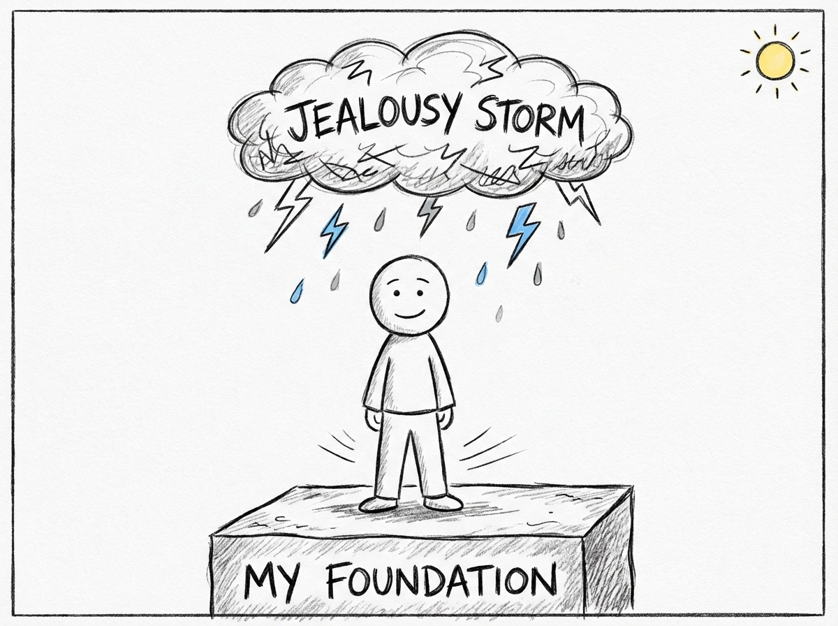 A person standing on a solid foundation they've built themselves, looking calm and grounded while a small jealousy storm passes overhead without knocking them down