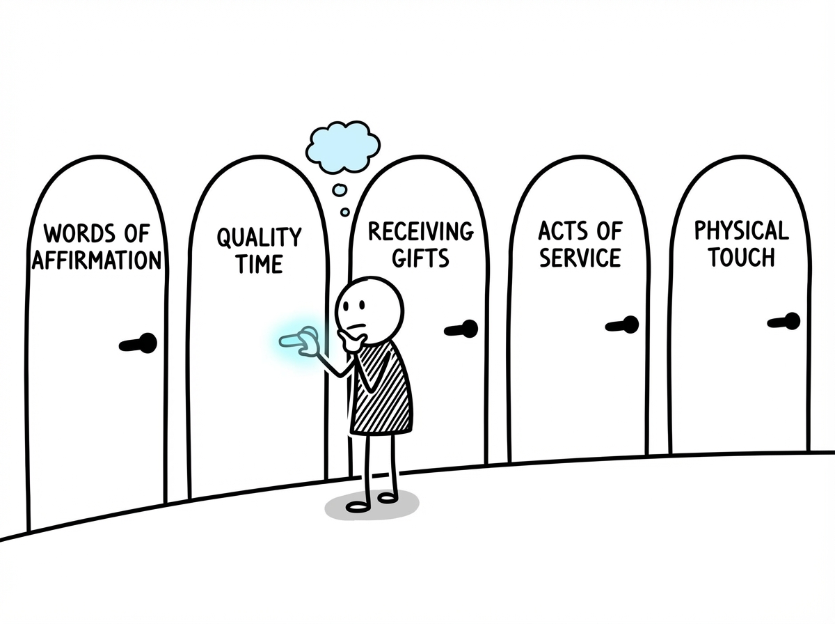 A person thoughtfully looking at five different colored doors, each labeled with a love language, reaching toward the one that resonates most