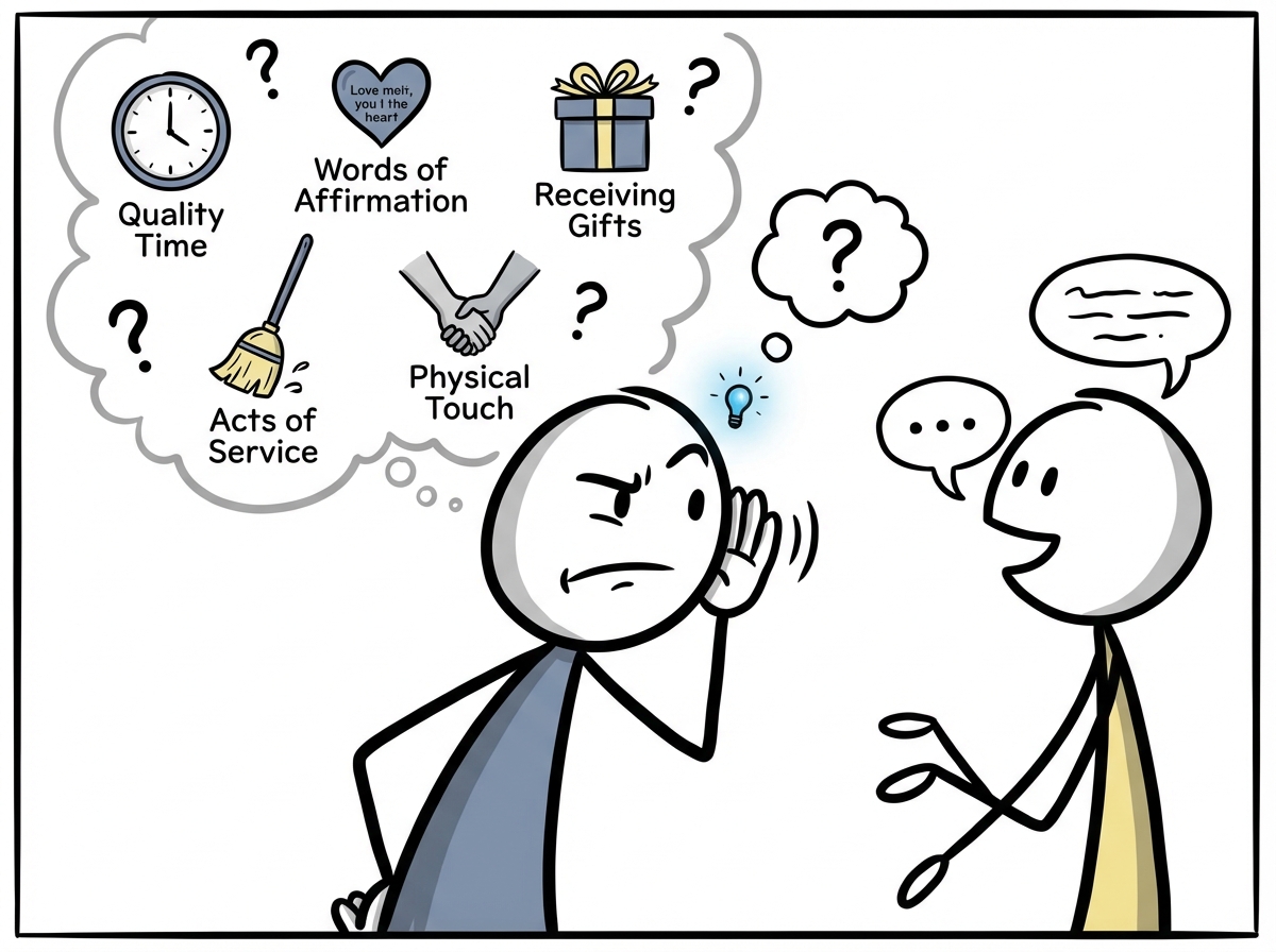 A person listening carefully to their partner speak, with icons of the five love languages floating above as they try to identify the right one