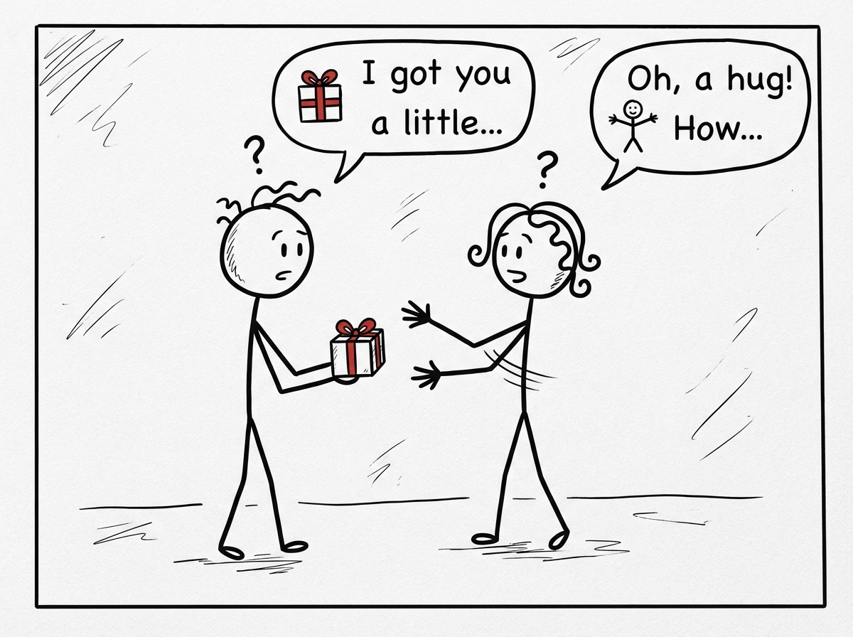 Two people talking past each other, one offering a wrapped gift while the other reaches out for a hug, both looking slightly confused