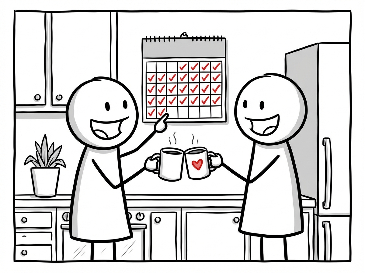 A couple establishing a small daily routine together, with a calendar showing consistent check marks and both people smiling