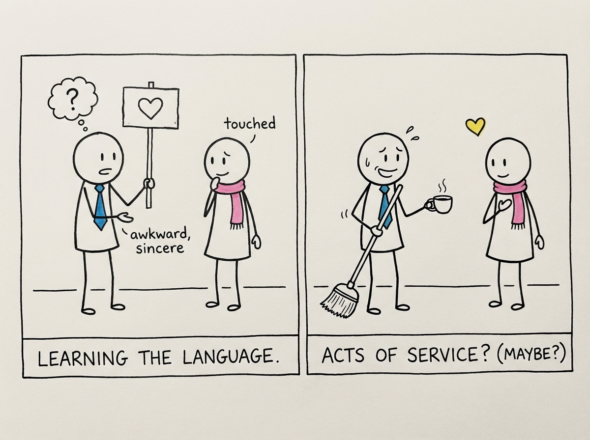 A person carefully and earnestly trying to speak their partner's love language, looking slightly awkward but sincere, with their partner looking touched