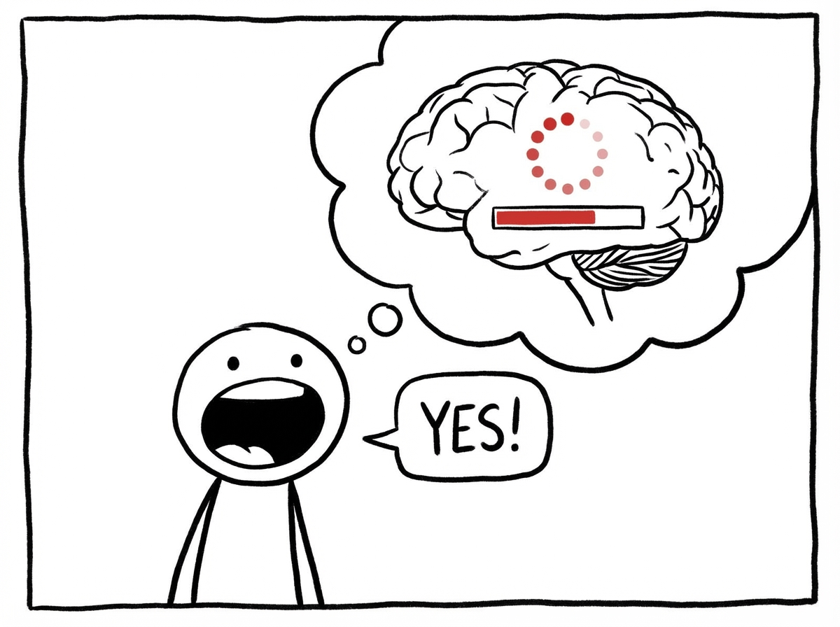 A stick figure with their mouth already open saying 'yes!' while their brain above shows a loading spinner that has not finished processing yet