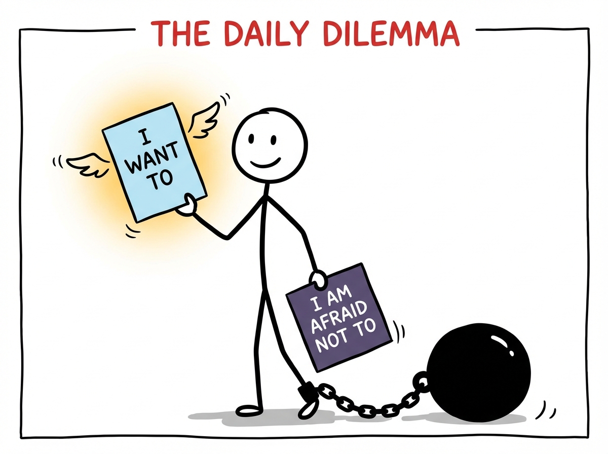 A stick figure holding two cards -- one labeled 'I want to' with a light, easy feeling, and one labeled 'I am afraid not to' with a heavy weight attached