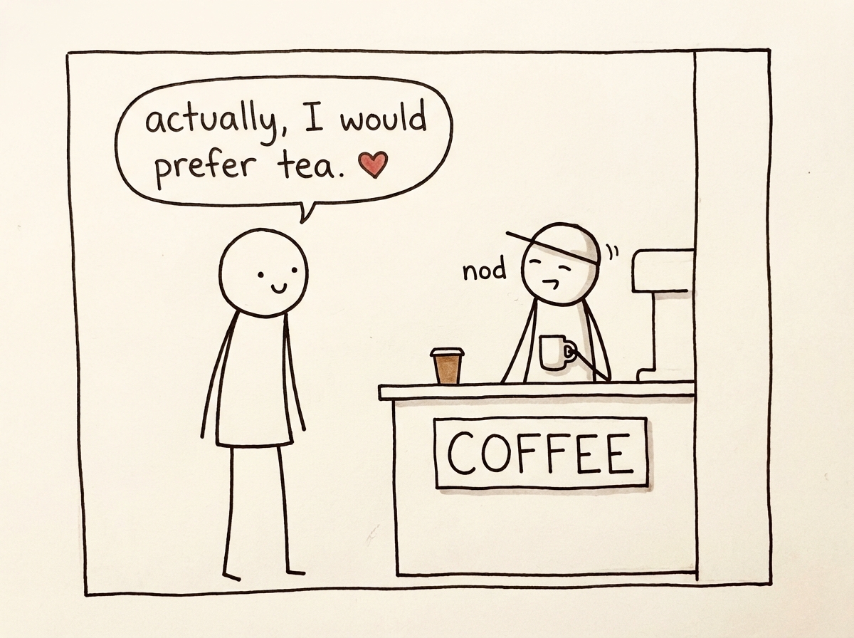 A stick figure at a coffee counter saying 'actually, I would prefer tea' with a small but proud expression, while the barista nods casually