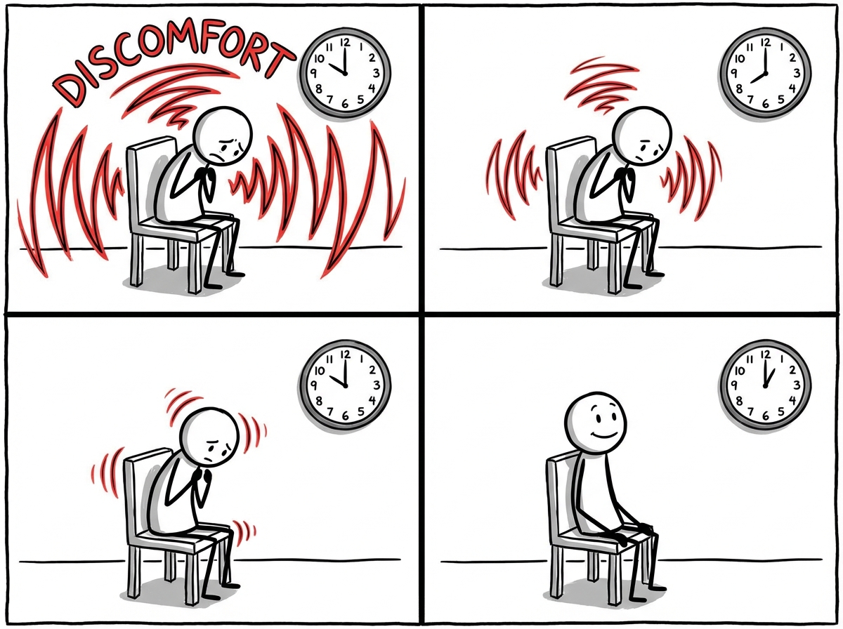 A stick figure sitting in a chair with visible waves of discomfort radiating from their body, a small clock on the wall showing time passing, and the waves slowly getting smaller
