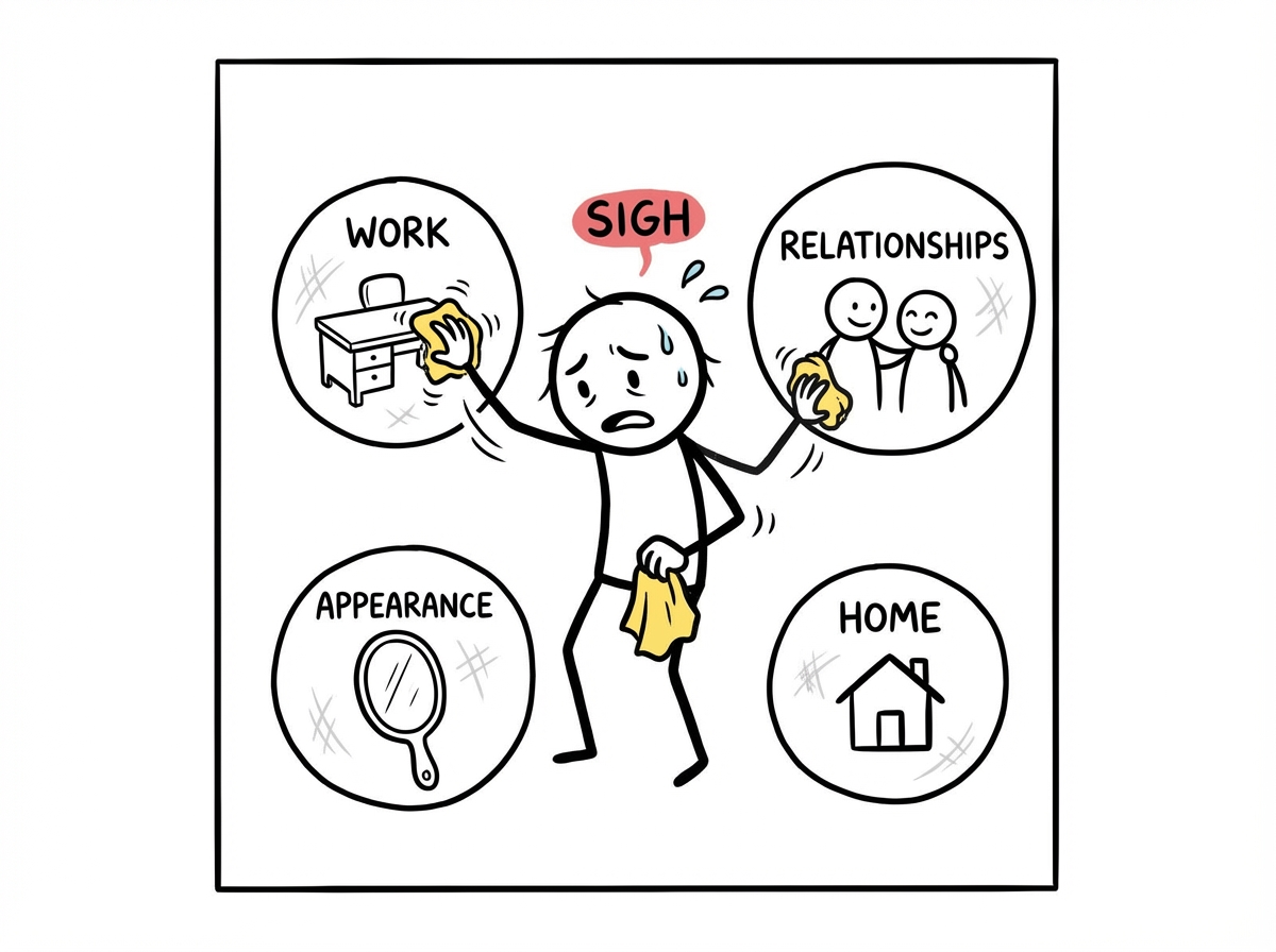A stick figure surrounded by different areas of their life -- work, relationships, appearance, home -- with the figure frantically polishing each one while looking exhausted