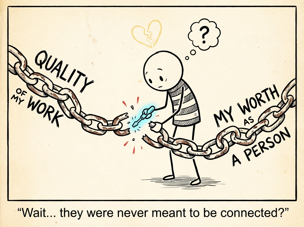 A stick figure carefully disconnecting two chains -- one linking 'quality of my work' to 'my worth as a person' -- and seeing they were never supposed to be attached