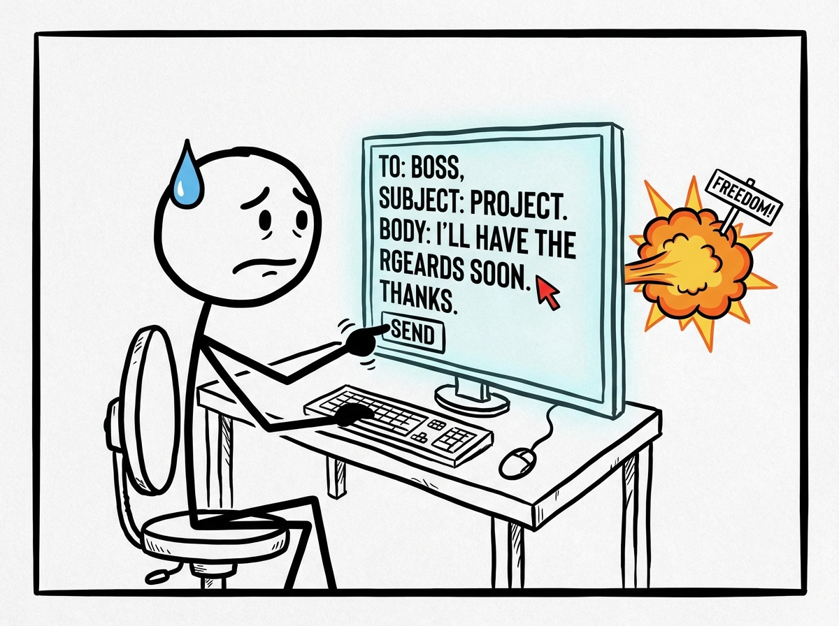 A stick figure deliberately hitting 'send' on an email with a small typo visible, sweating slightly but doing it anyway, with a tiny explosion of freedom