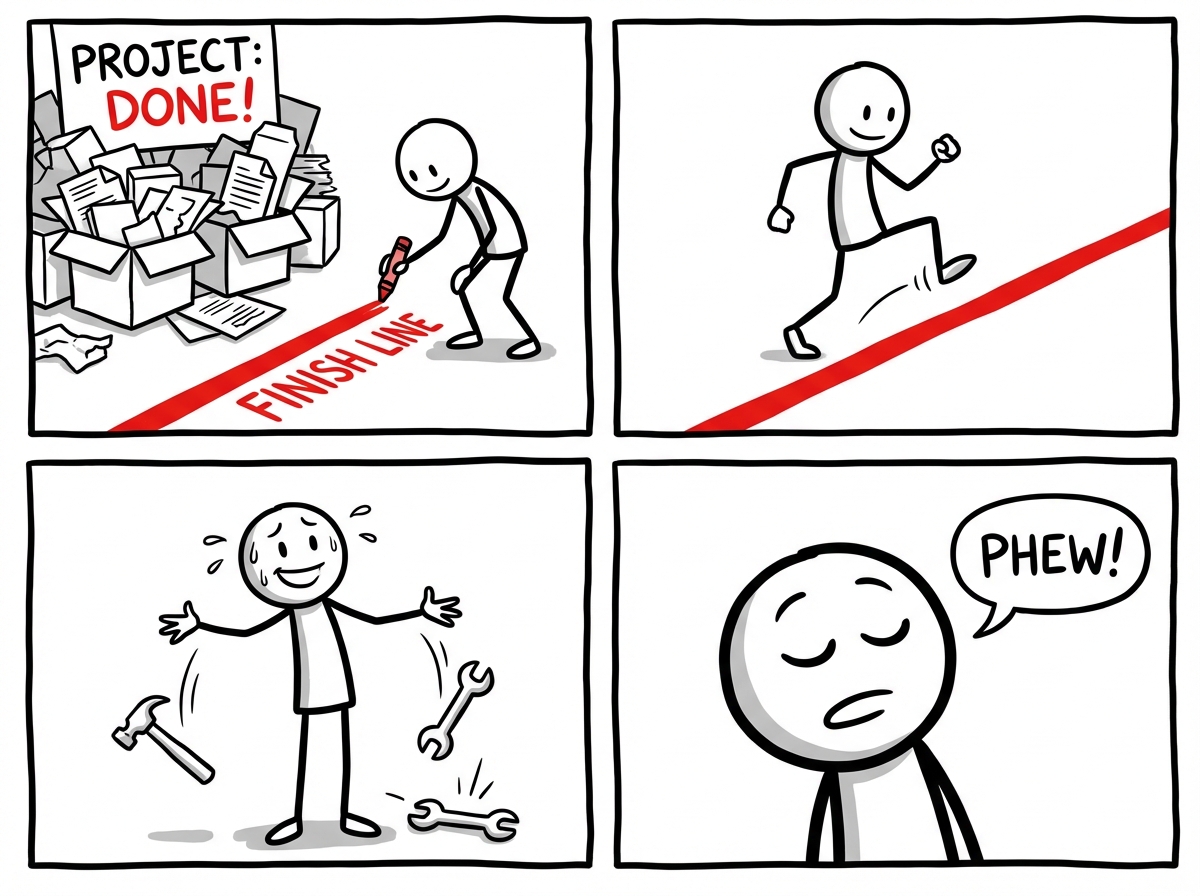 A stick figure drawing a clear finish line on the ground in front of a project, stepping over it, and putting down their tools with a look of relief