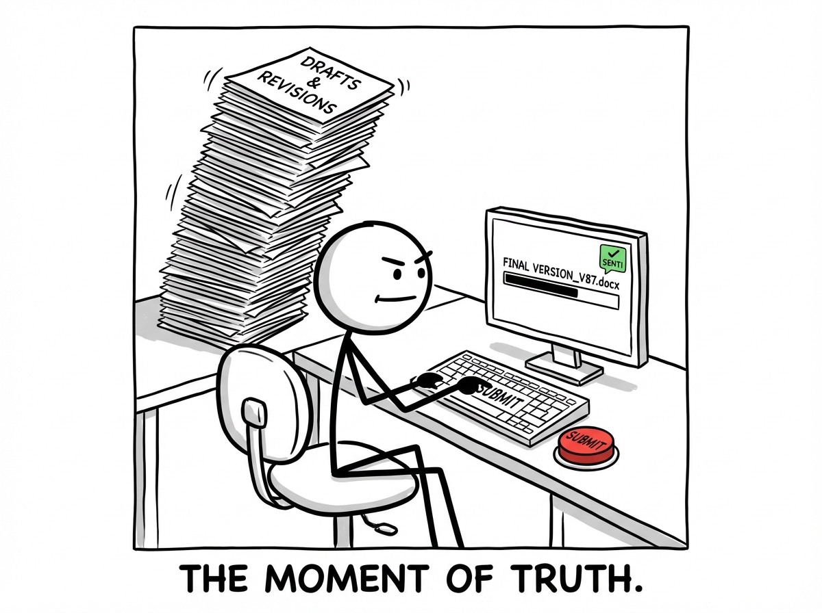 A stick figure at a desk with a towering pile of drafts and revisions, finally pushing the 'submit' button on the current version while the pile wobbles behind them