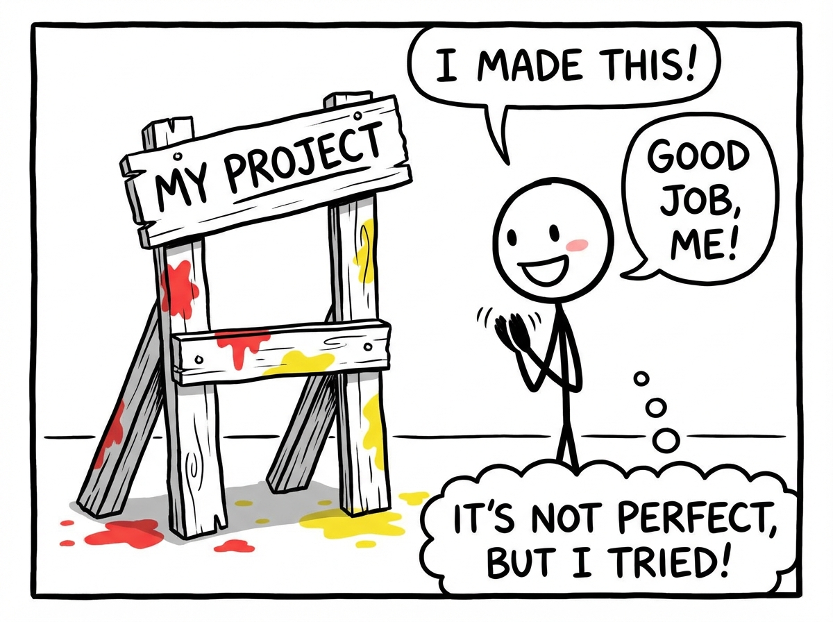 A stick figure looking at a messy, imperfect project they created, smiling and giving themselves a small round of applause for the effort rather than critiquing the result