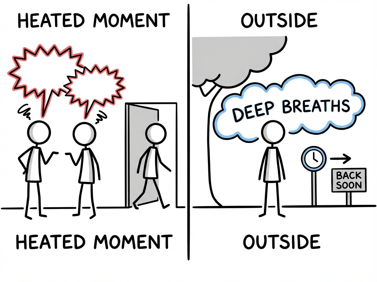 A person stepping away from a heated moment, taking deep breaths outside, with a clock showing they'll return soon