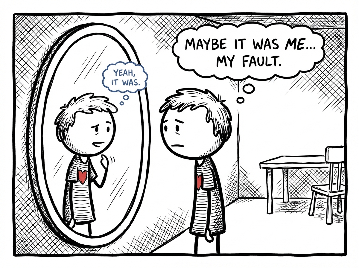 A person looking honestly at their own reflection, acknowledging their part in a conflict, with the reflection nodding back in recognition