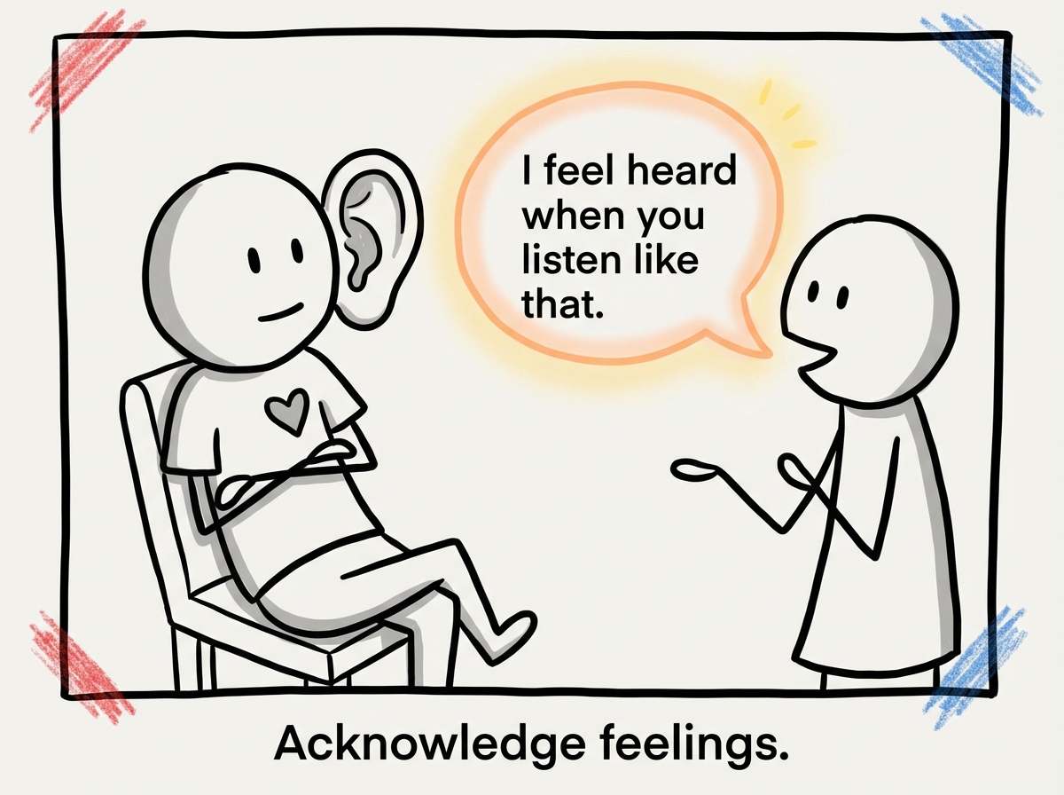 A person actively listening to their partner, leaning in with open body language, with the partner's feelings being acknowledged in a warm speech bubble