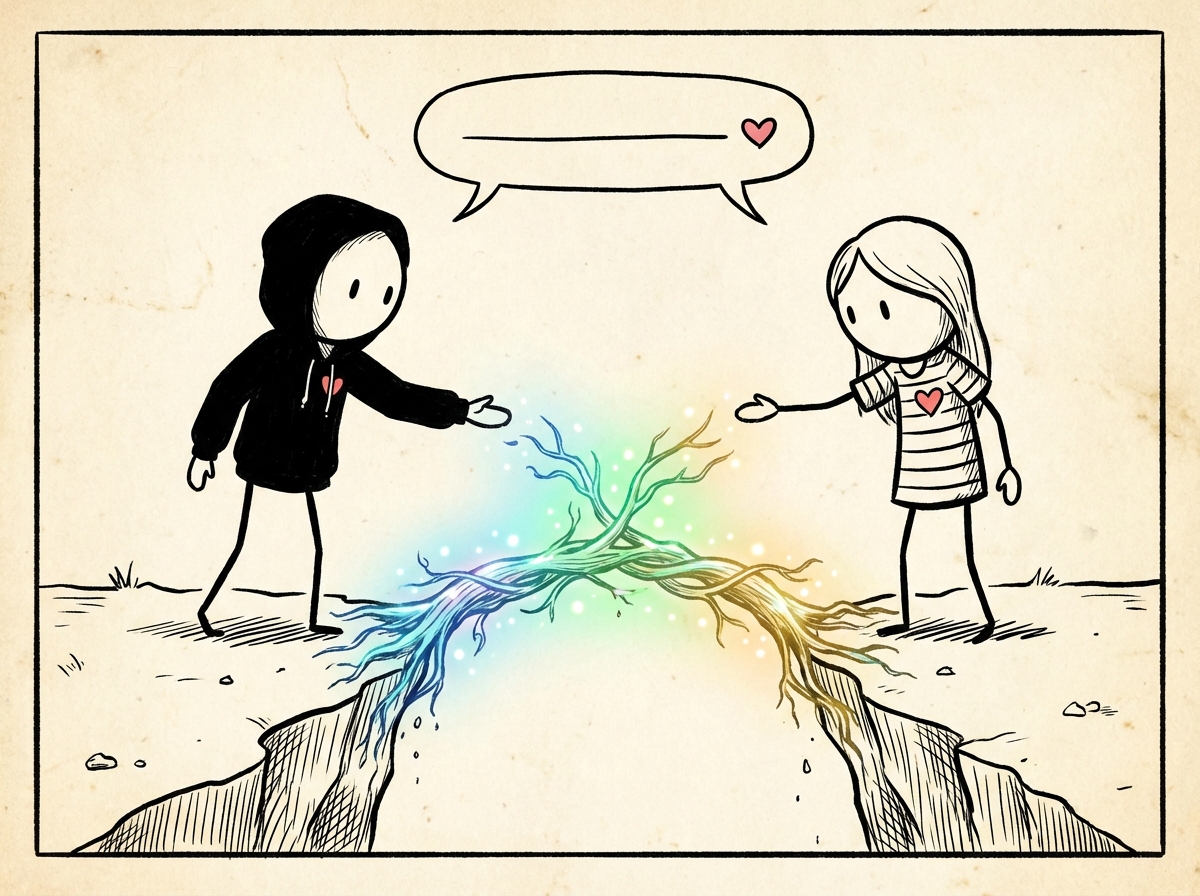 A person reaching out a hand across a small gap toward their partner, with a bridge slowly forming between them