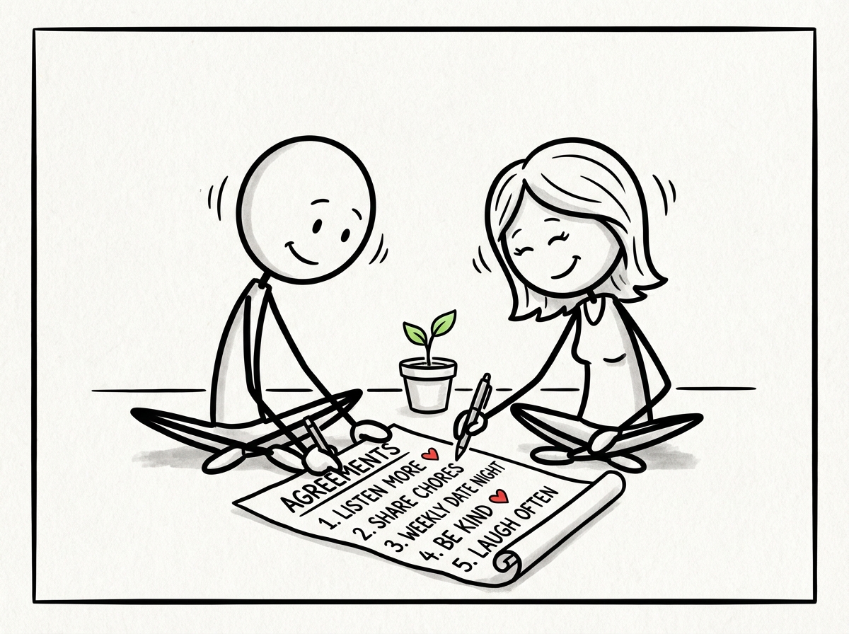 Two people sitting together writing down agreements on a shared piece of paper, both contributing ideas and nodding