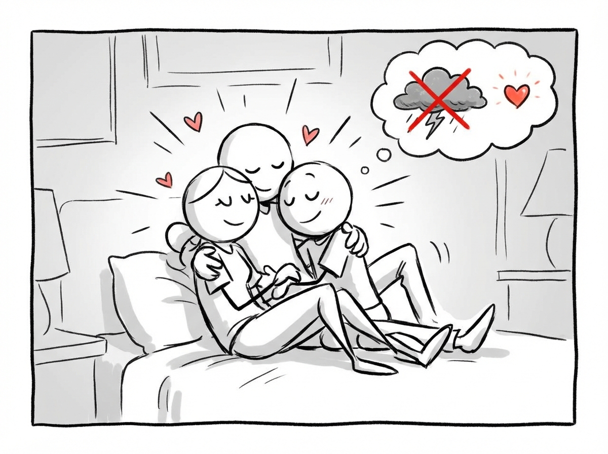 A couple embracing warmly after working through a difficult conversation, with a sense of relief and closeness visible in their posture