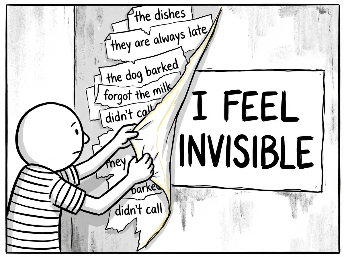 A person peeling back layers of a wall covered in small complaints like 'the dishes' and 'they are always late,' revealing a large sign underneath that reads 'I feel invisible'