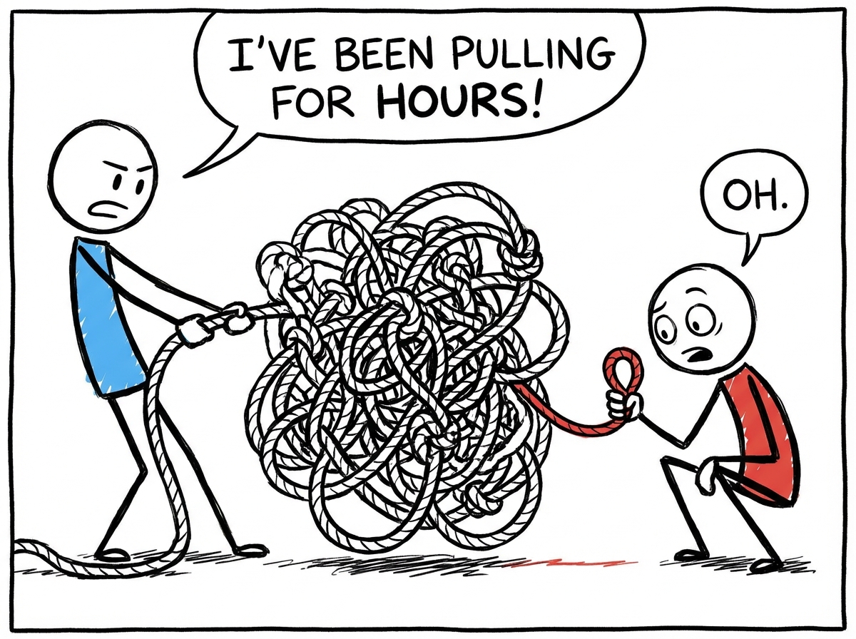 Two people on opposite sides of a tangled rope, with one person looking down and noticing they have been holding their end of the knot tight the whole time