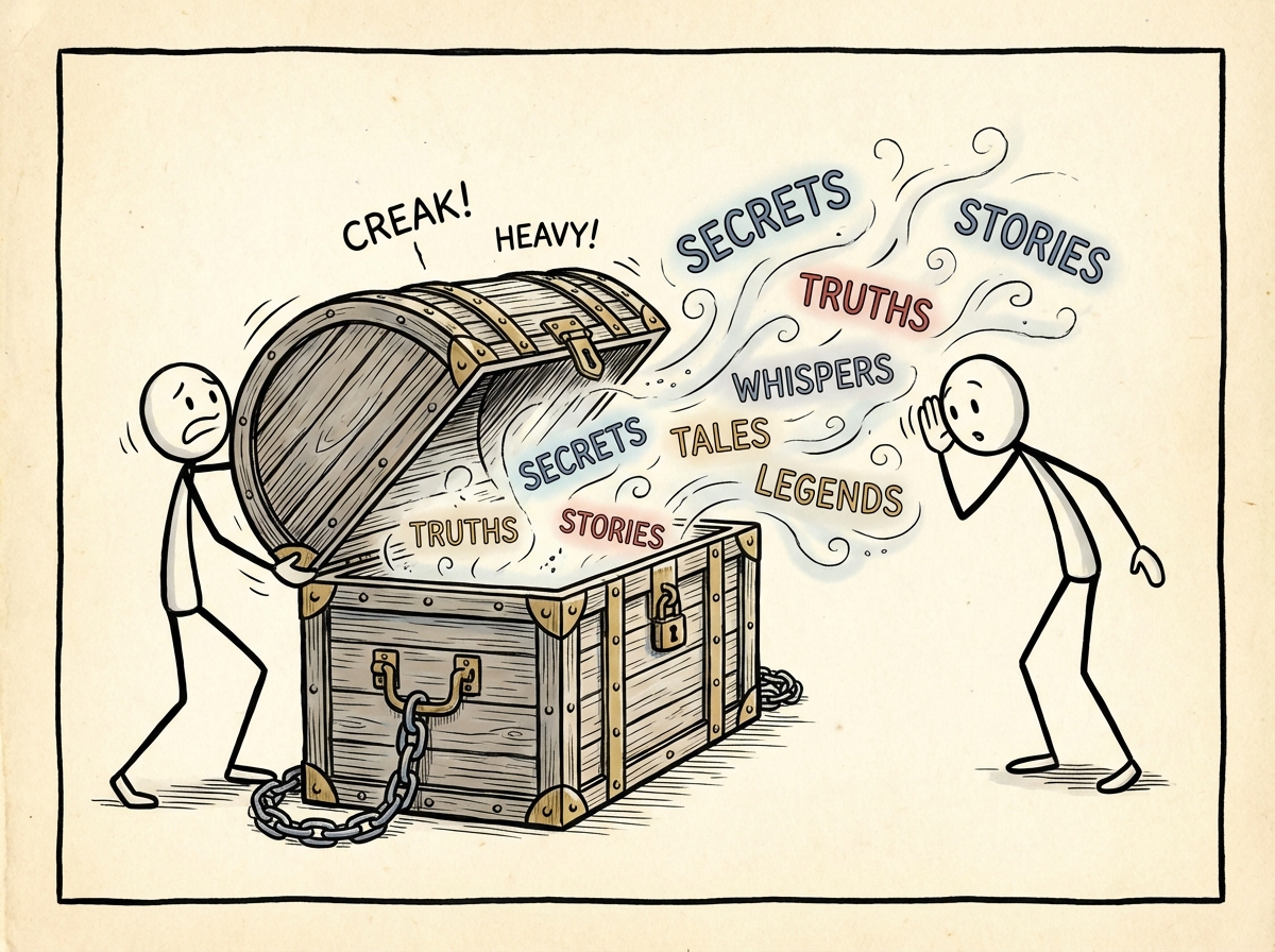 A person opening a heavy locked chest in front of another person, and words floating out of the chest into the air between them, the other person leaning in to listen