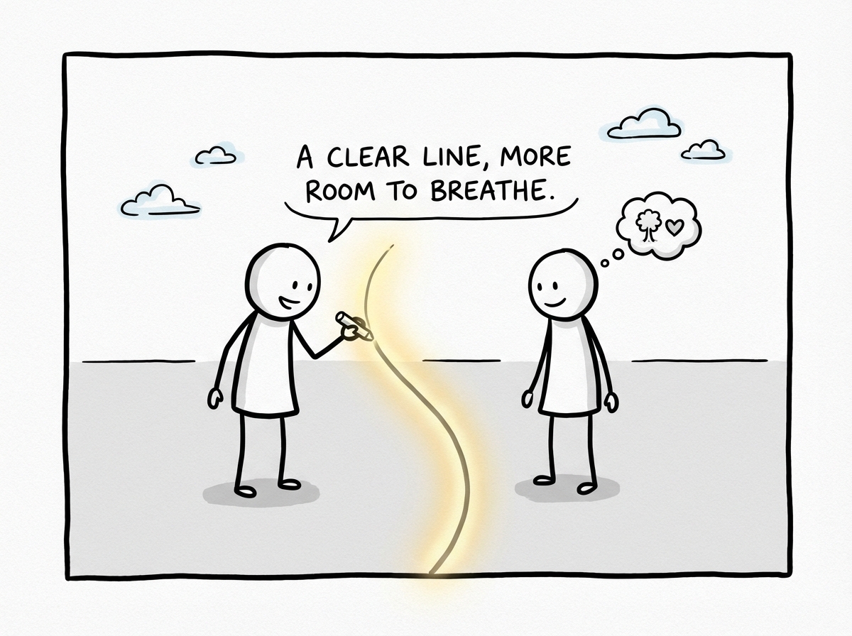 A person calmly drawing a clear line on the ground between themselves and another person, the line glowing with a gentle light, both people standing with more room to breathe