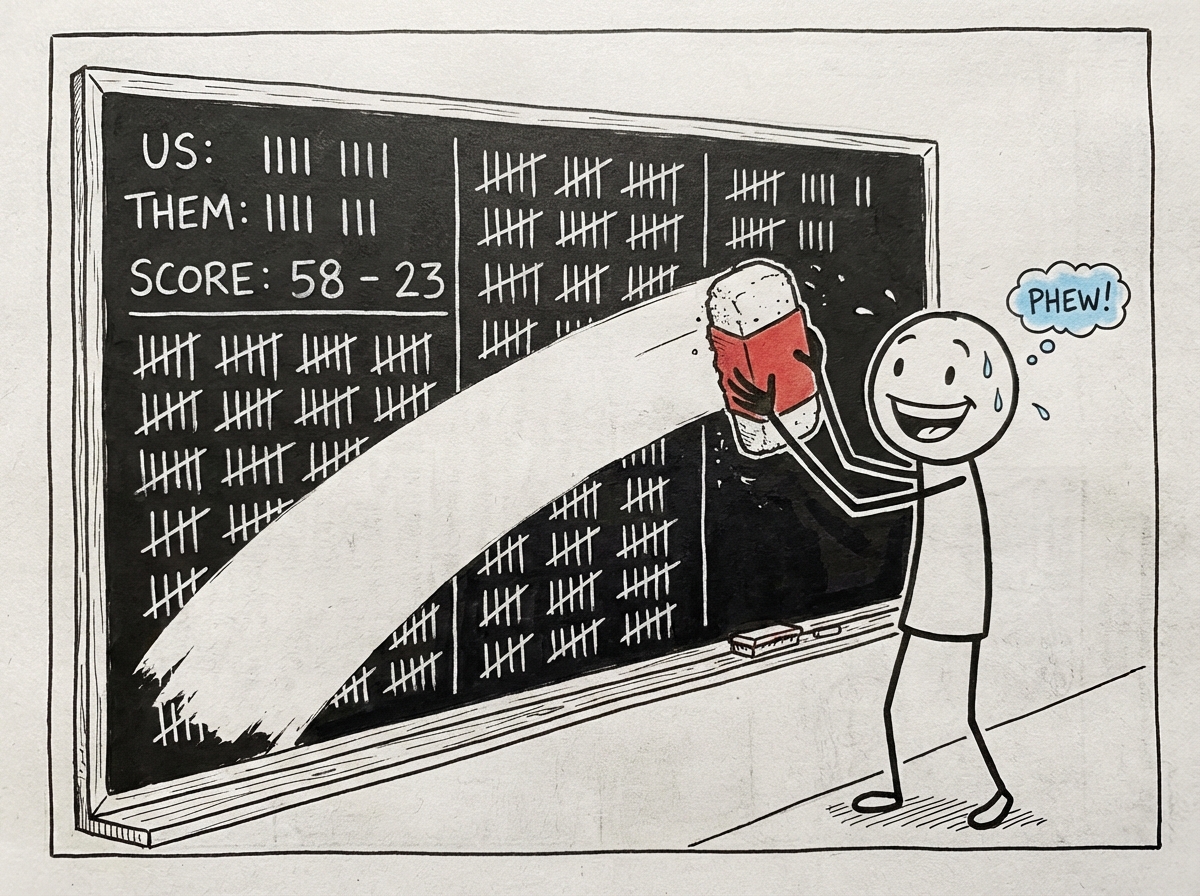 A person standing in front of a giant chalkboard covered in tally marks and score columns, erasing it clean with a large eraser, looking relieved